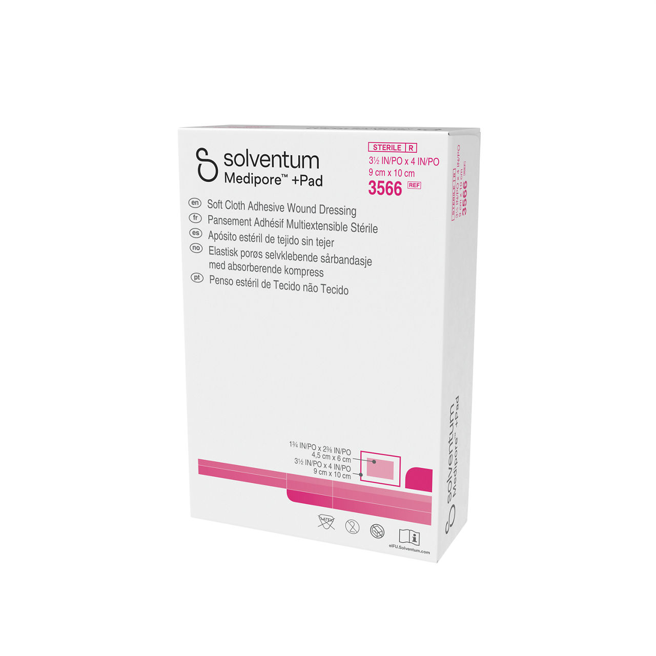 Solventum™ Medipore™ +Pad Adhesive Wound Dressing, 3566, Dressing - 3 1/2in x 4 in, Pad - 1 3/4 in x 2 3/8 in - Front, Right, In Packaging (1R1)