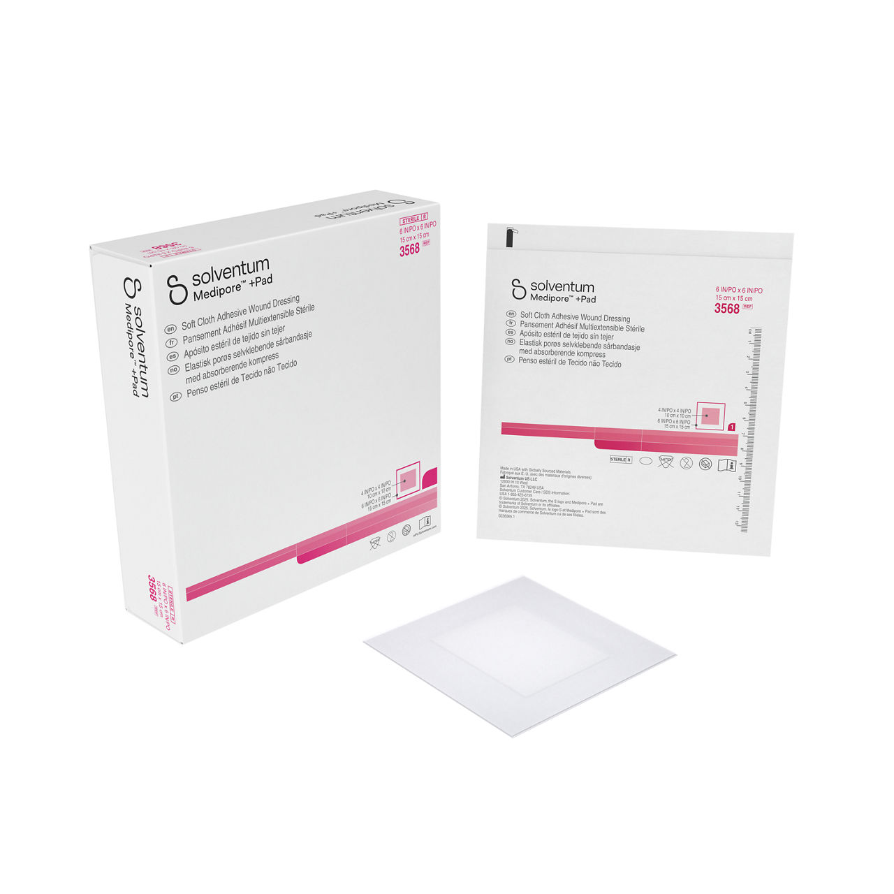 Solventum™ Medipore™ +Pad Soft Cloth Adhesive Wound Dressing, 3568, 15 x 15 cm (6 x 6 in), Pad - 10 x 10 cm (4 x 4 in), 25/CA