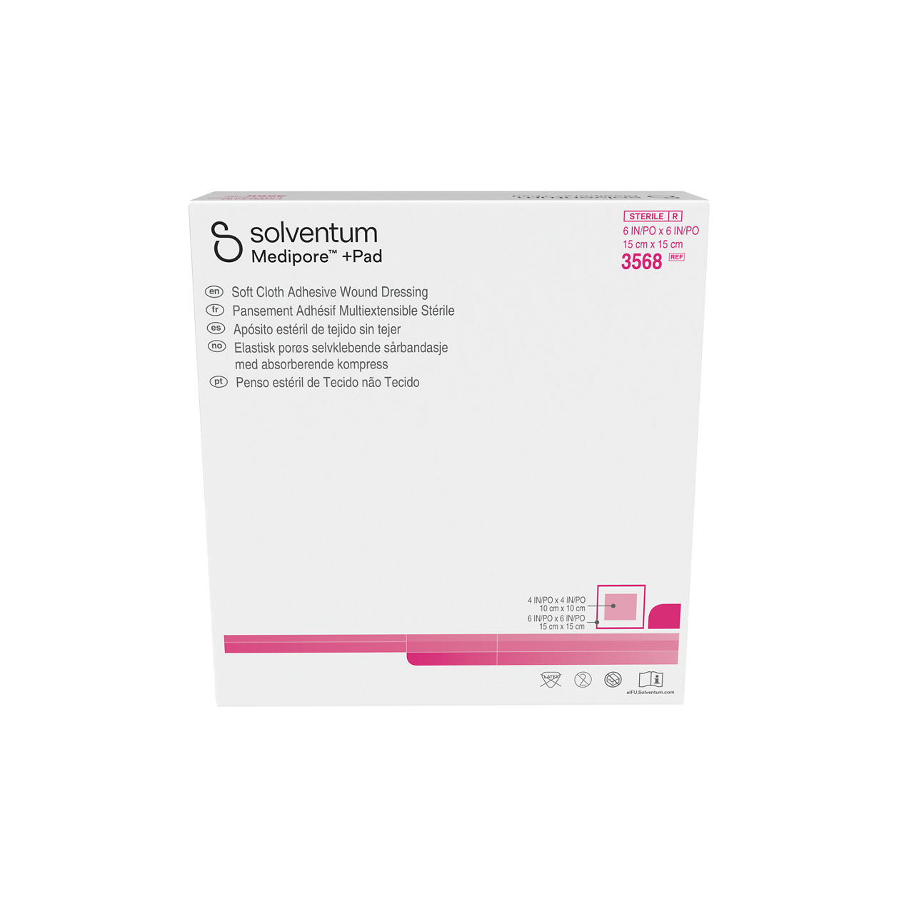 Solventum™ Medipore™ +Pad Adhesive Wound Dressing, 3568, Dressing - 6 in x 6 in, Pad - 4 in x 4 in - Front, Center, In Packaging (1C1)