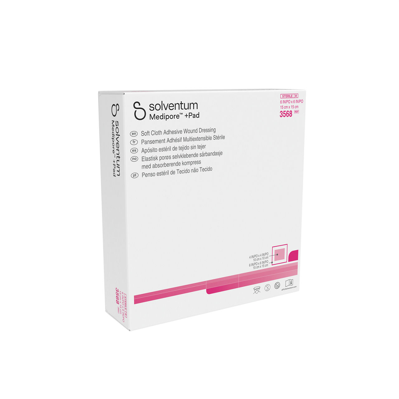 Solventum™ Medipore™ +Pad Adhesive Wound Dressing, 3568, Dressing - 6 in x 6 in, Pad - 4 in x 4 in - Front, Left, In Packaging (1L1)