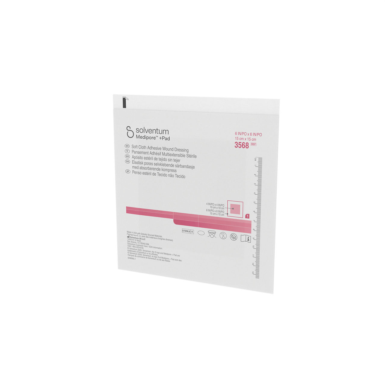 Solventum™ Medipore™ +Pad Adhesive Wound Dressing, 3568, Dressing - 6 in x 6 in, Pad - 4 in x 4 in - Front, Right, Out of Packaging (1R0)