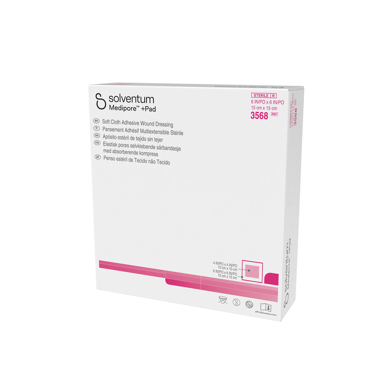 Solventum™ Medipore™ +Pad Adhesive Wound Dressing, 3568, Dressing - 6 in x 6 in, Pad - 4 in x 4 in - Front, Right, In Packaging (1R1)