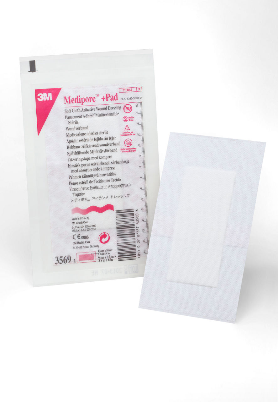 3M™ Medipore™ +Pad Soft Cloth Adhesive Wound Dressing, 3569, Dressing -3-1/2 in x 6 in, Pad - 1-3/4 in x 4 in