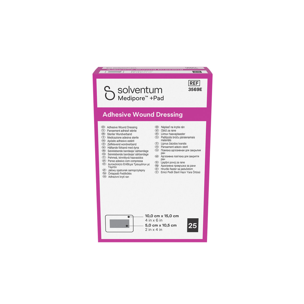 Solventum™ Medipore™ +Pad Adhesive Wound Dressing, 3569E, 10 x 15 cm (4 x 6 in), Pad - 5 x 10,5 cm (2 x 4 in), 25/CAR - Front, Center, In Packaging (1C1)