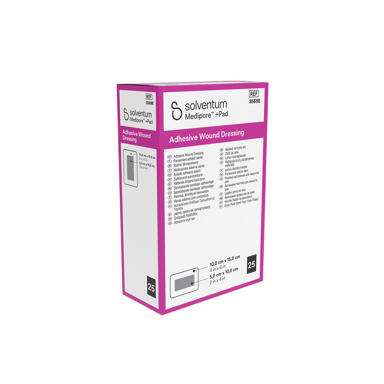 Solventum™ Medipore™ +Pad Adhesive Wound Dressing, 3569E, 10 x 15 cm (4 x 6 in), Pad - 5 x 10,5 cm (2 x 4 in), 25/CAR - Front, Left, In Packaging (1L1)