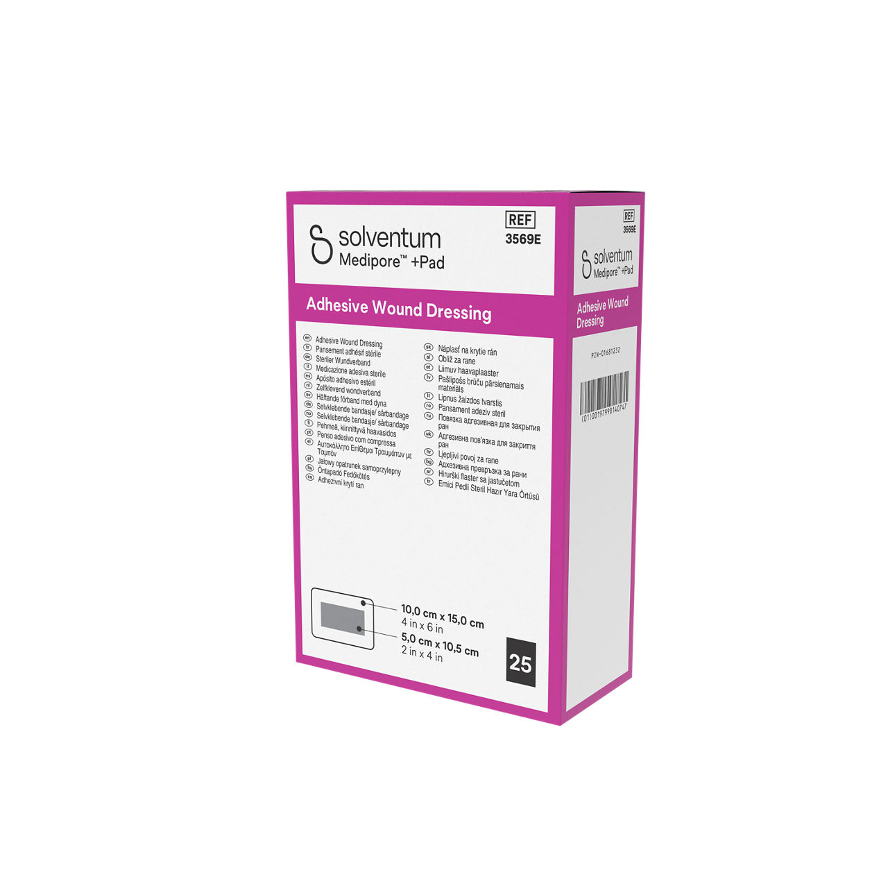 Solventum™ Medipore™ +Pad Adhesive Wound Dressing, 3569E, 10 x 15 cm (4 x 6 in), Pad - 5 x 10,5 cm (2 x 4 in), 25/CAR - Front, Right, In Packaging (1R1)