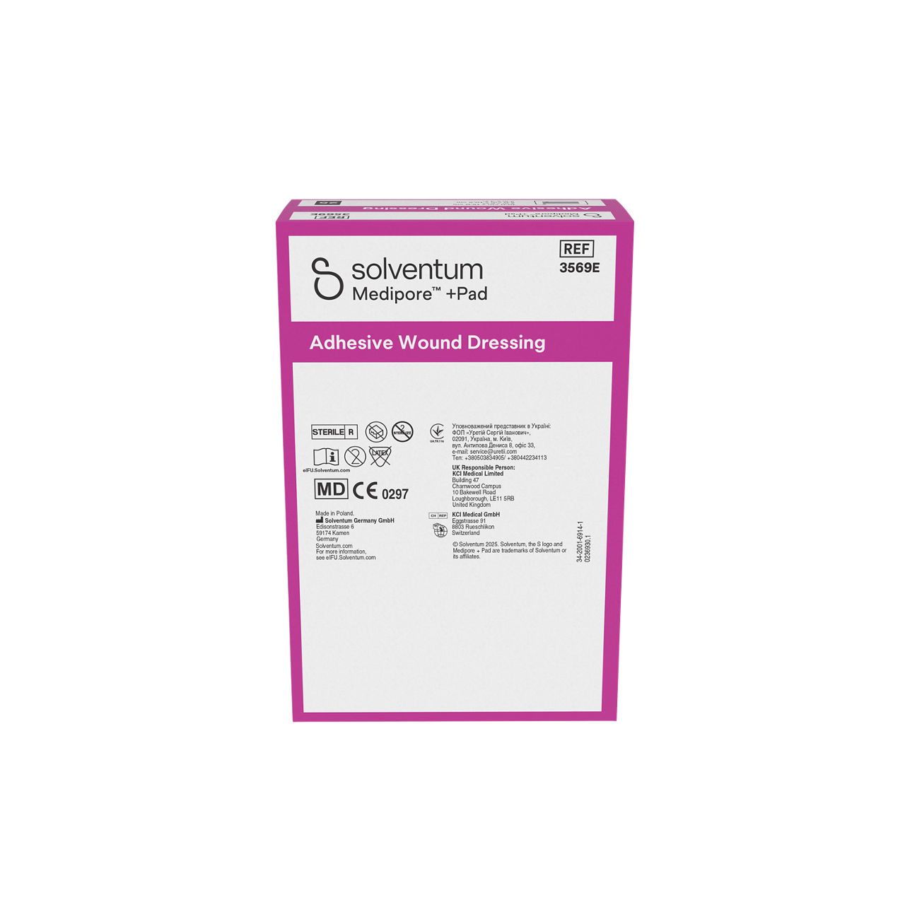 Solventum™ Medipore™ +Pad Adhesive Wound Dressing, 3569E, 10 x 15 cm (4 x 6 in), Pad - 5 x 10,5 cm (2 x 4 in), 25/CAR - Back, Center, In Packaging (7C1)