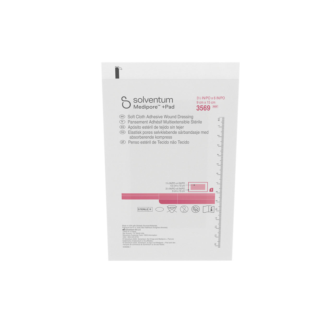 Solventum™ Medipore™+Pad Adhesive Wound Dressing, 3569, Dressing - 31/2in x 6 in, Pad - 1 3/4 in x 4 in -Front, Center, Out of Packaging (1C0)