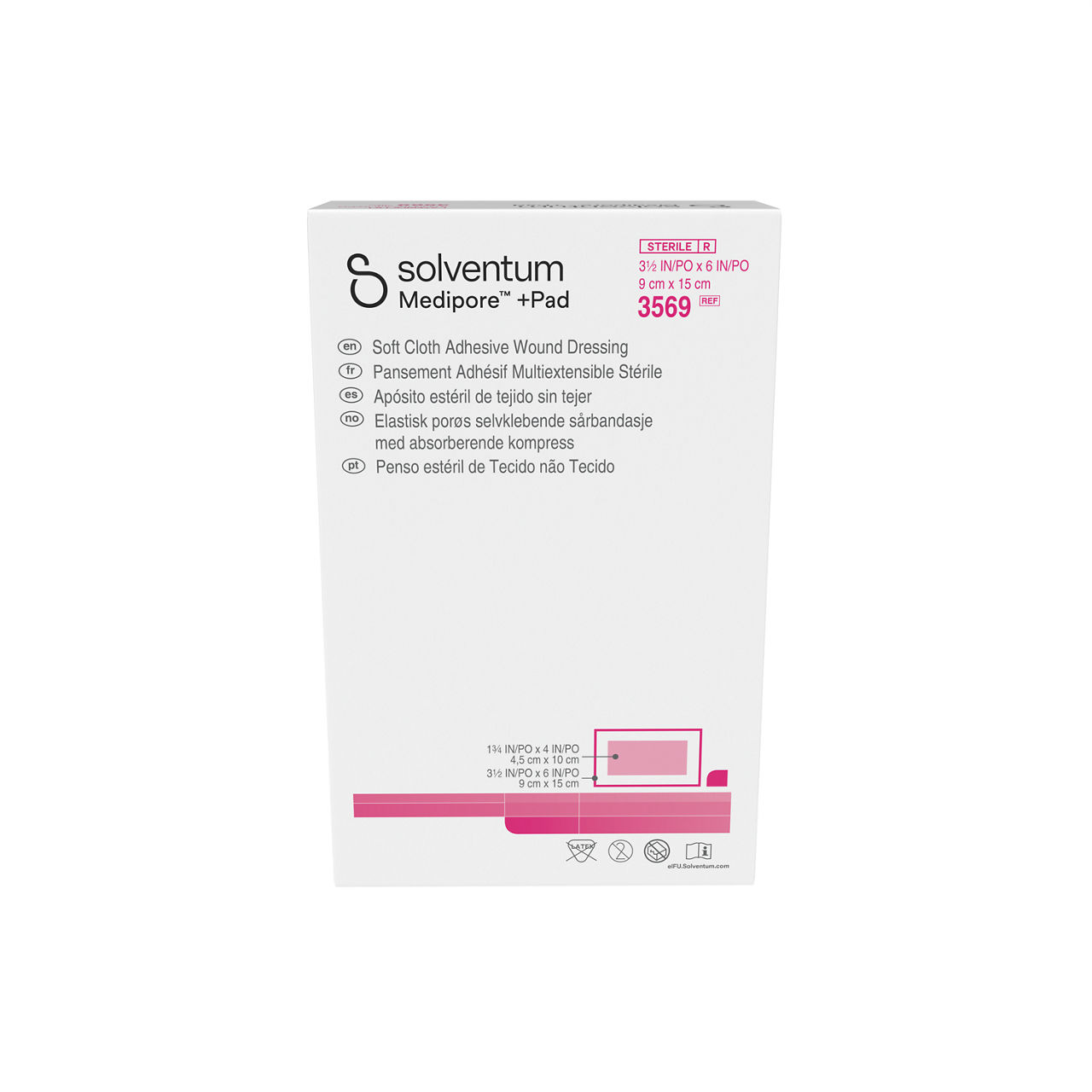 Solventum™ Medipore™+Pad Adhesive Wound Dressing, 3569, Dressing - 31/2in x 6 in, Pad - 1 3/4 in x 4 in -Front, Center, In Packaging (1C1)