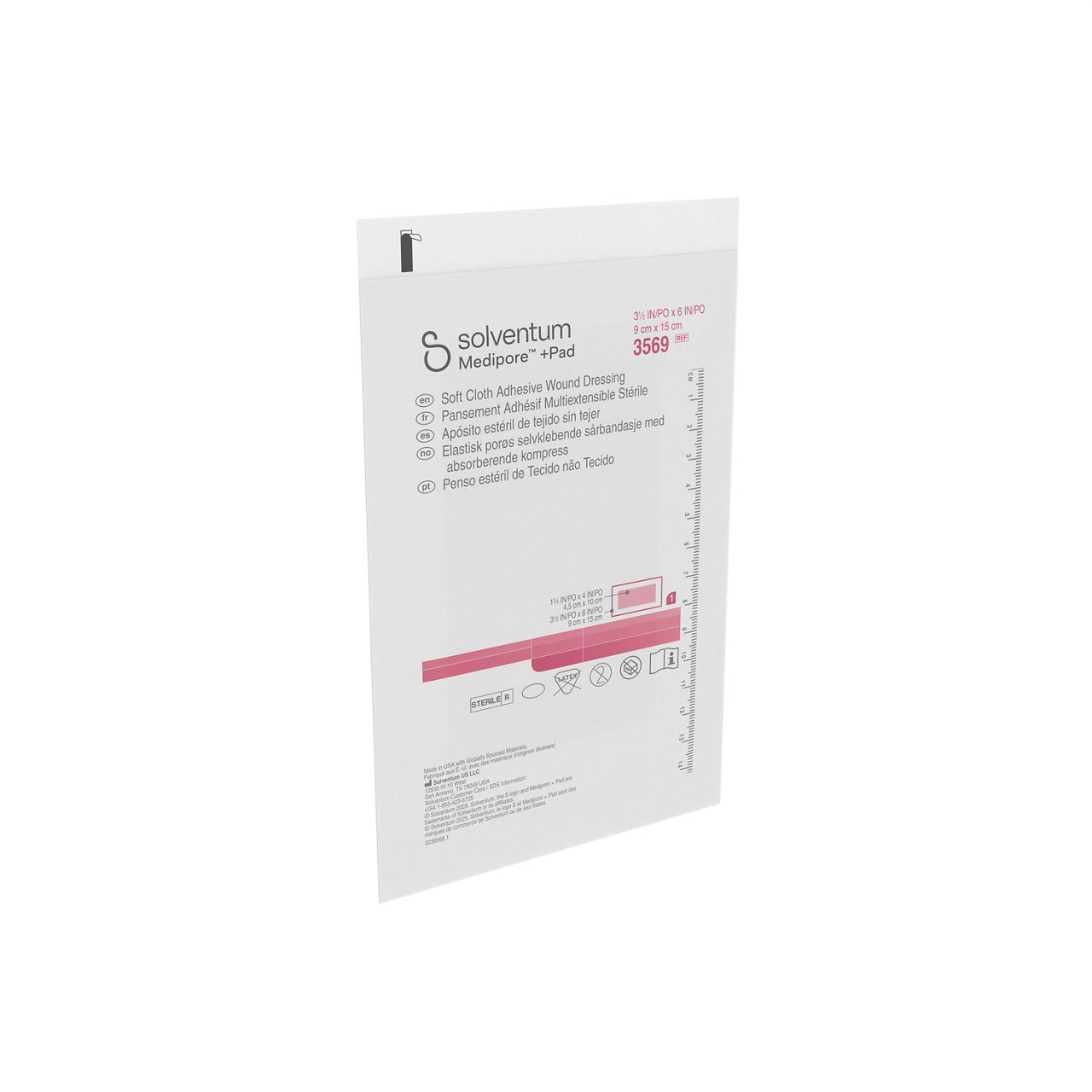 Solventum™ Medipore™+Pad Adhesive Wound Dressing, 3569, Dressing - 31/2in x 6 in, Pad - 1 3/4 in x 4 in -Front, Left, Out of Packaging (1L0)