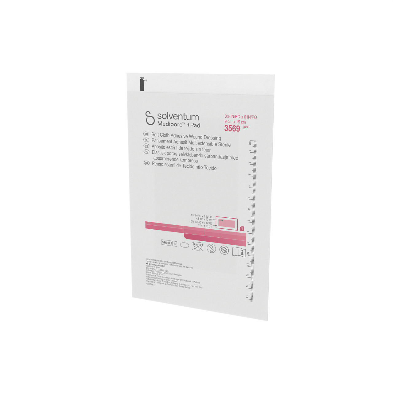 Solventum™ Medipore™+Pad Adhesive Wound Dressing, 3569, Dressing - 31/2in x 6 in, Pad - 1 3/4 in x 4 in -Front, Right, Out of Packaging (1R0)