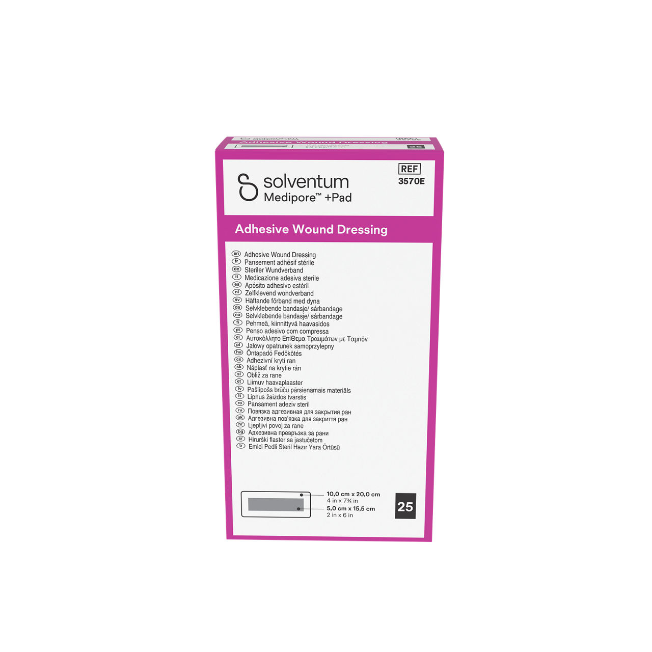 Solventum™ Medipore™ +Pad Adhesive Wound Dressing, 3570E, 10 x 20 cm (4 x 7¾ in), Pad - 5 x 15,5 cm (2 x 6 in), 25/CAR - Front, Center, In Packaging (1C1)