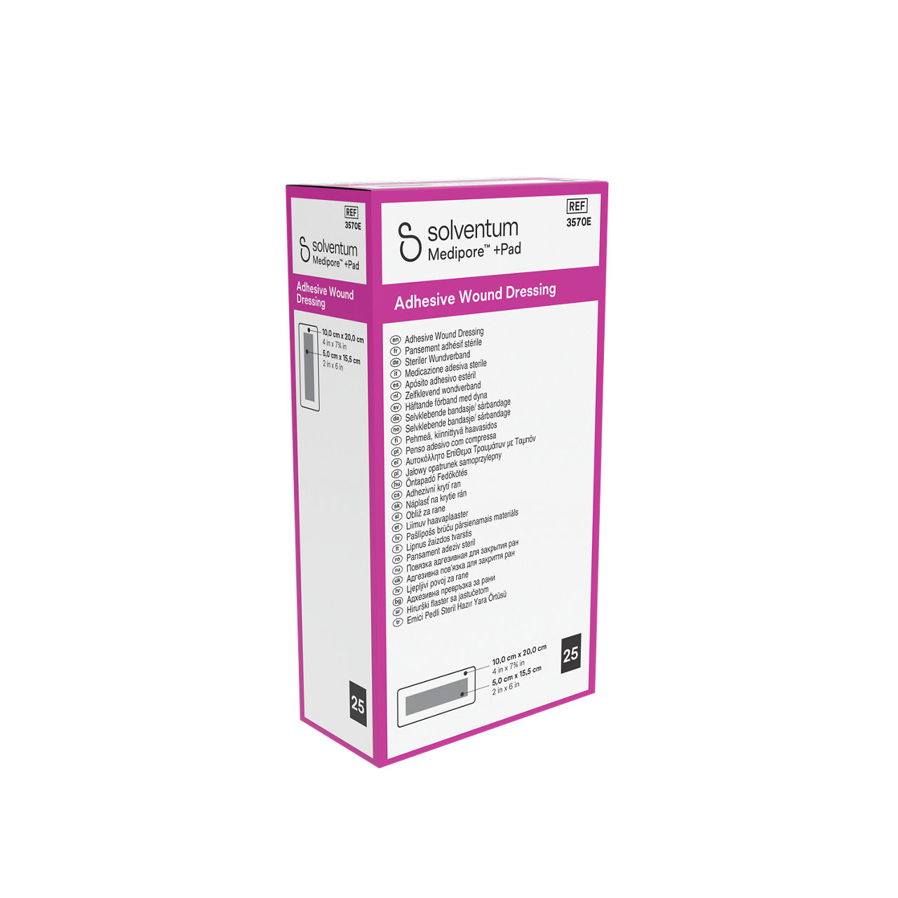 Solventum™ Medipore™ +Pad Adhesive Wound Dressing, 3570E, 10 x 20 cm (4 x 7¾ in), Pad - 5 x 15,5 cm (2 x 6 in), 25/CAR - Front, Left, In Packaging (1L1)