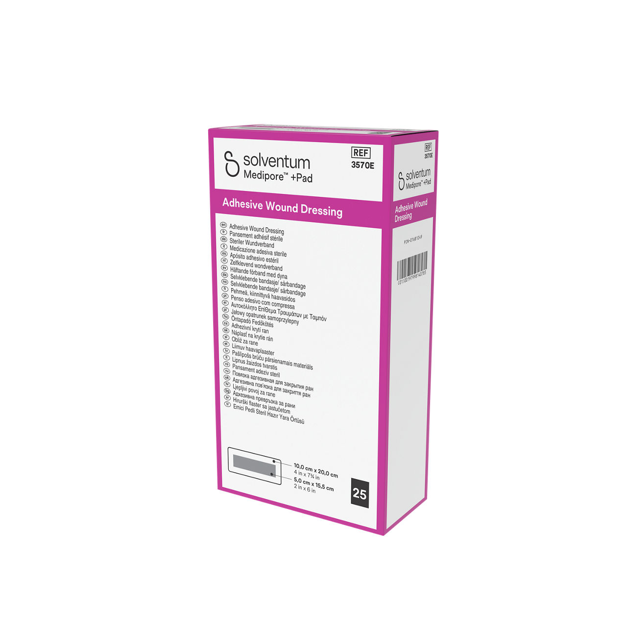 Solventum™ Medipore™ +Pad Adhesive Wound Dressing, 3570E, 10 x 20 cm (4 x 7¾ in), Pad - 5 x 15,5 cm (2 x 6 in), 25/CAR - Front, Right, In Packaging (1R1)