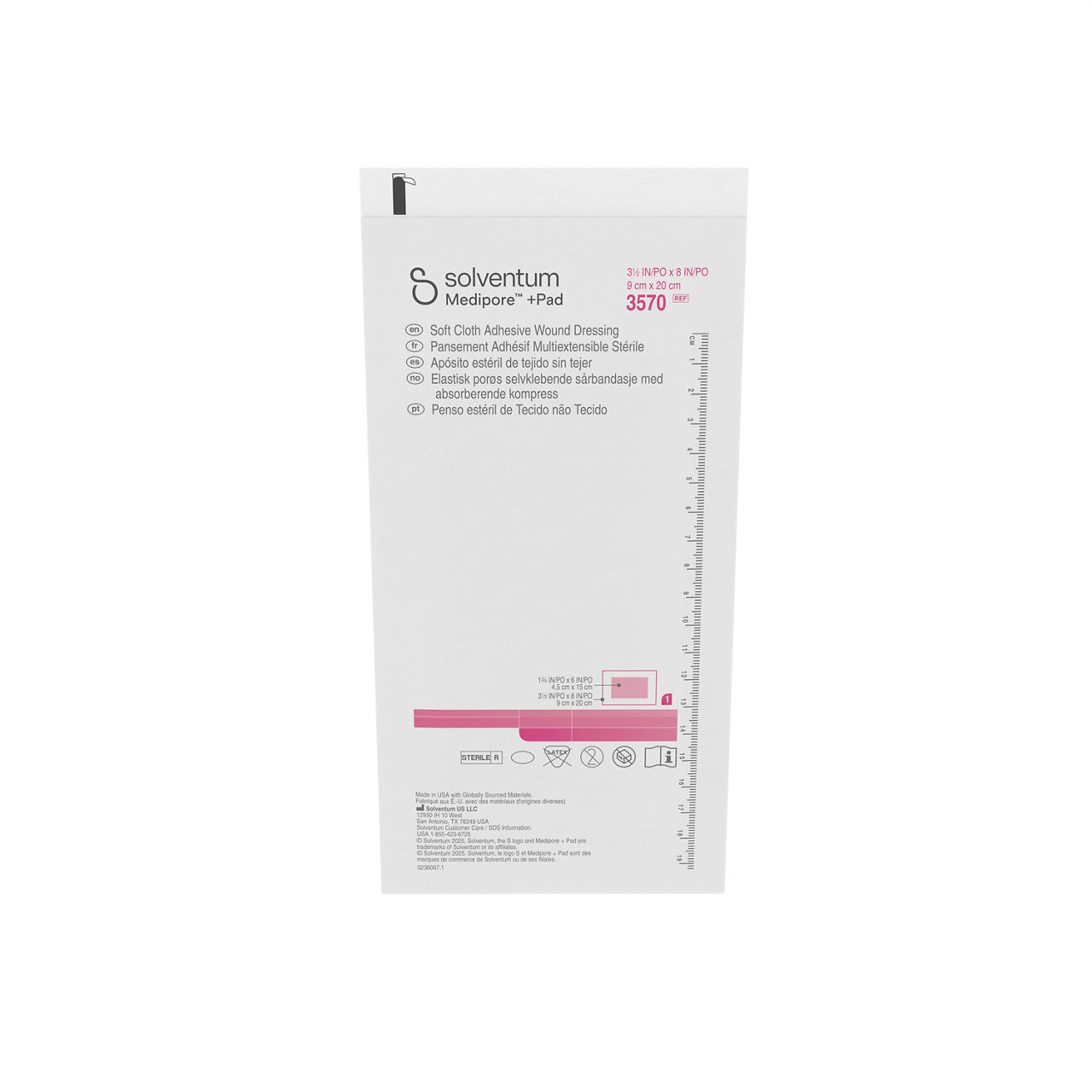 Solventum™ Medipore™ +Pad Adhesive Wound Dressing, 3570, 9 cm x 20 cm, 25/CAR, 4 CAR/CS - Front, Center, Out of Packaging (1C0)