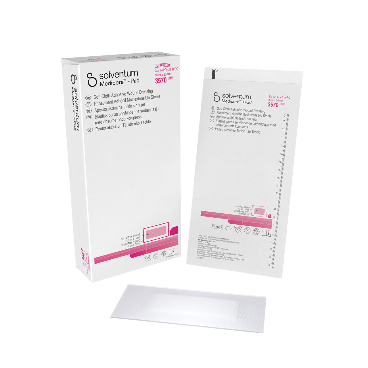 Solventum™ Medipore™+Pad Adhesive Wound Dressing, 3570, 9 cm x 20 cm,25/CAR, 4 CAR/CS