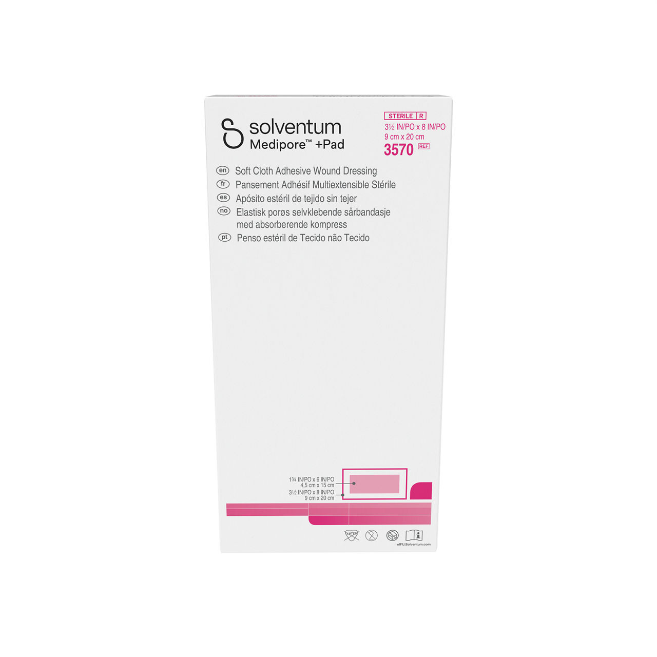Solventum™ Medipore™ +Pad Adhesive Wound Dressing, 3570, 9 cm x 20 cm, 25/CAR, 4 CAR/CS - Front, Center, In Packaging (1C1)