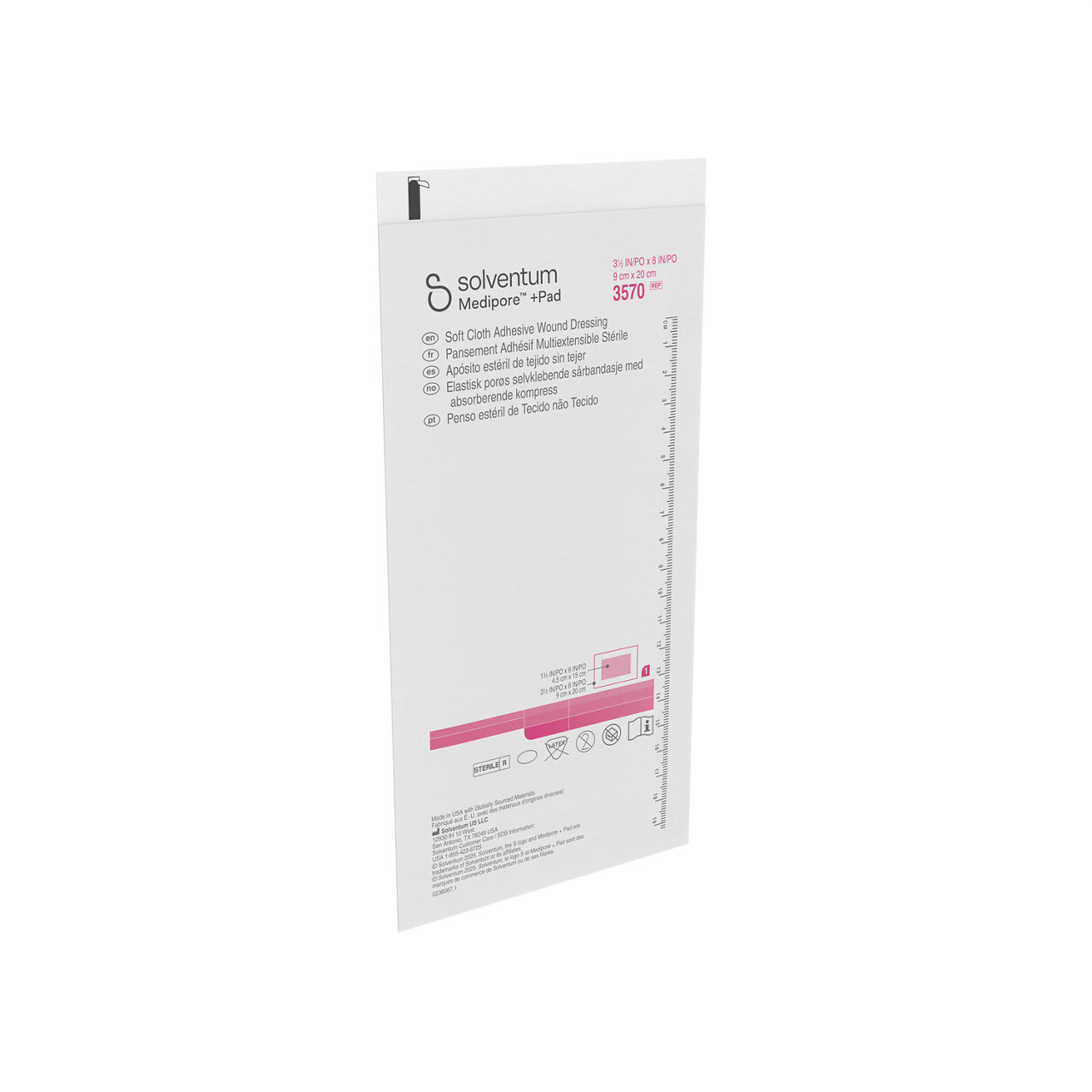 Solventum™ Medipore™ +Pad Adhesive Wound Dressing, 3570, 9 cm x 20 cm, 25/CAR, 4 CAR/CS - Front, Left, Out of Packaging (1L0)