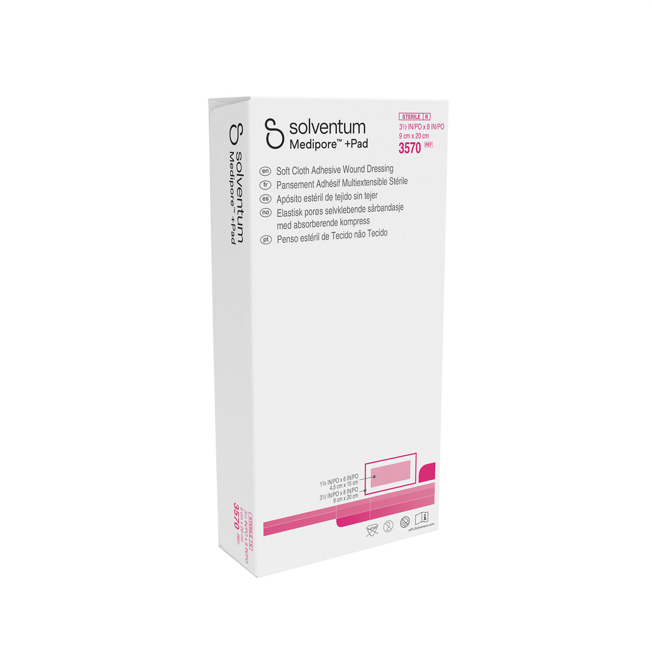 Solventum™ Medipore™ +Pad Adhesive Wound Dressing, 3570, 9 cm x 20 cm, 25/CAR, 4 CAR/CS - Front, Left, In Packaging (1L1)