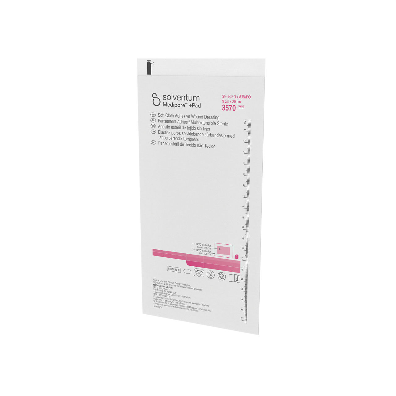 Solventum™ Medipore™ +Pad Adhesive Wound Dressing, 3570, 9 cm x 20 cm, 25/CAR, 4 CAR/CS - Front, Right, Out of Packaging (1R0)