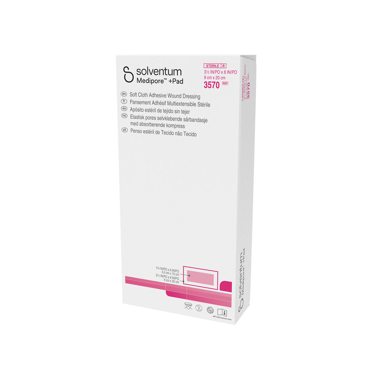 Solventum™ Medipore™ +Pad Adhesive Wound Dressing, 3570, 9 cm x 20 cm, 25/CAR, 4 CAR/CS - Front, Right, In Packaging (1R1)
