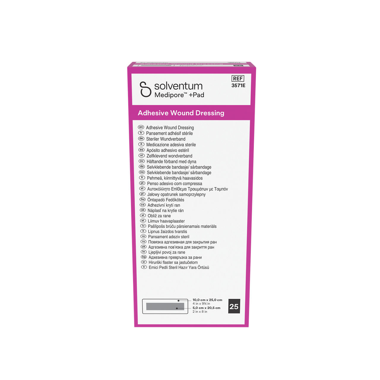 Solventum™ Medipore™ +Pad Adhesive Wound Dressing, 3571E, 10 x 25 cm (4 x 9¾ in), Pad - 5 x 20,5 cm (2 x 8 in), 25/CAR - Front, Center, In Packaging (1C1)