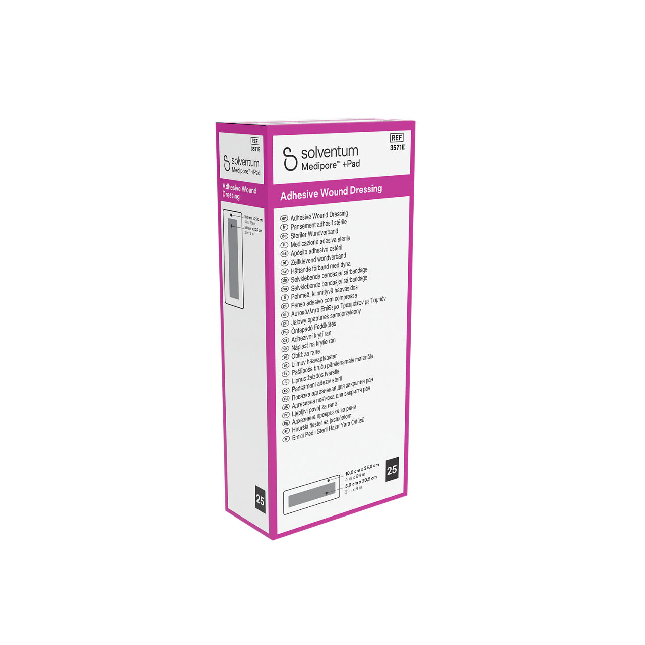 Solventum™ Medipore™ +Pad Adhesive Wound Dressing, 3571E, 10 x 25 cm (4 x 9¾ in), Pad - 5 x 20,5 cm (2 x 8 in), 25/CAR - Front, Left, In Packaging (1L1)