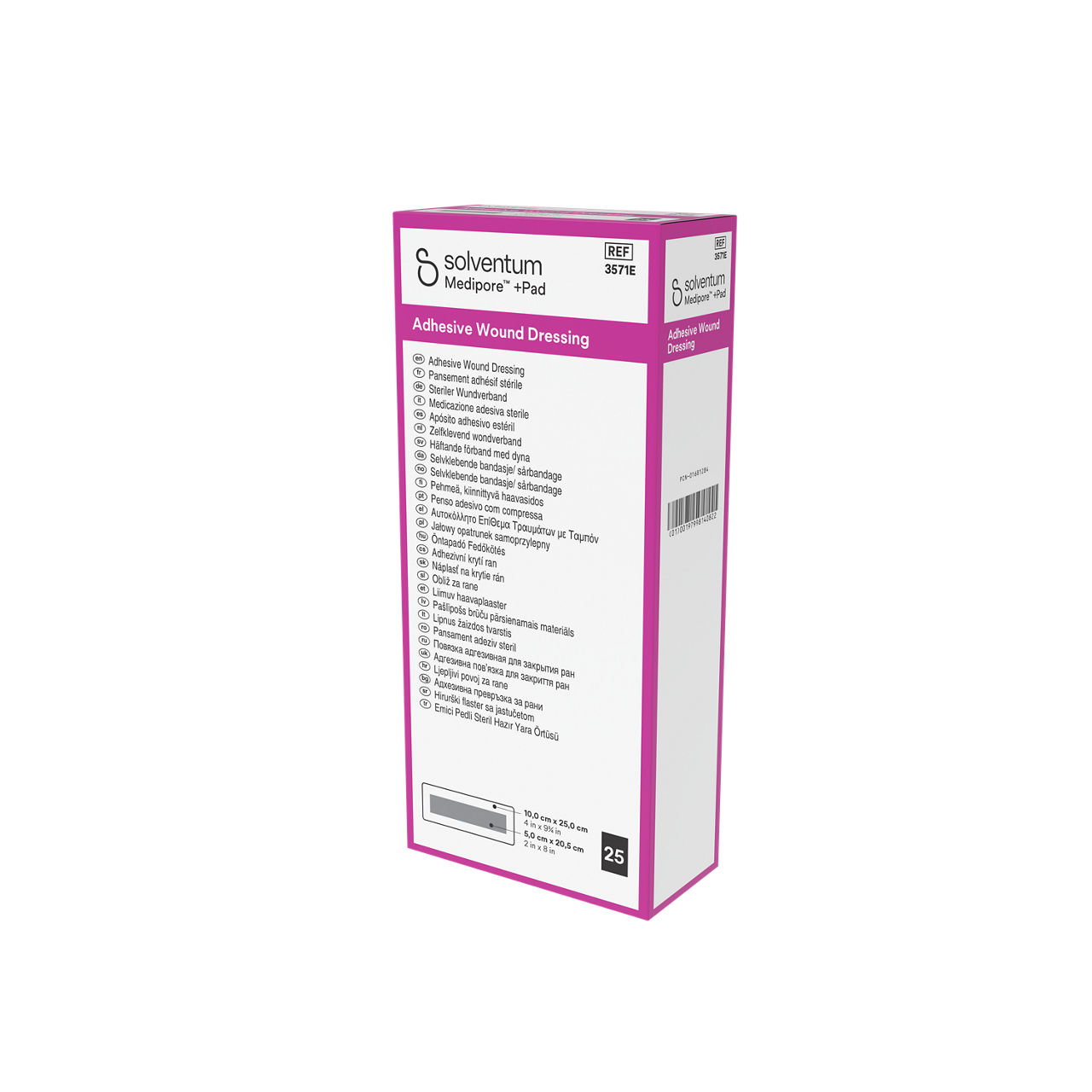 Solventum™ Medipore™ +Pad Adhesive Wound Dressing, 3571E, 10 x 25 cm (4 x 9¾ in), Pad - 5 x 20,5 cm (2 x 8 in), 25/CAR - Front, Right, In Packaging (1R1)