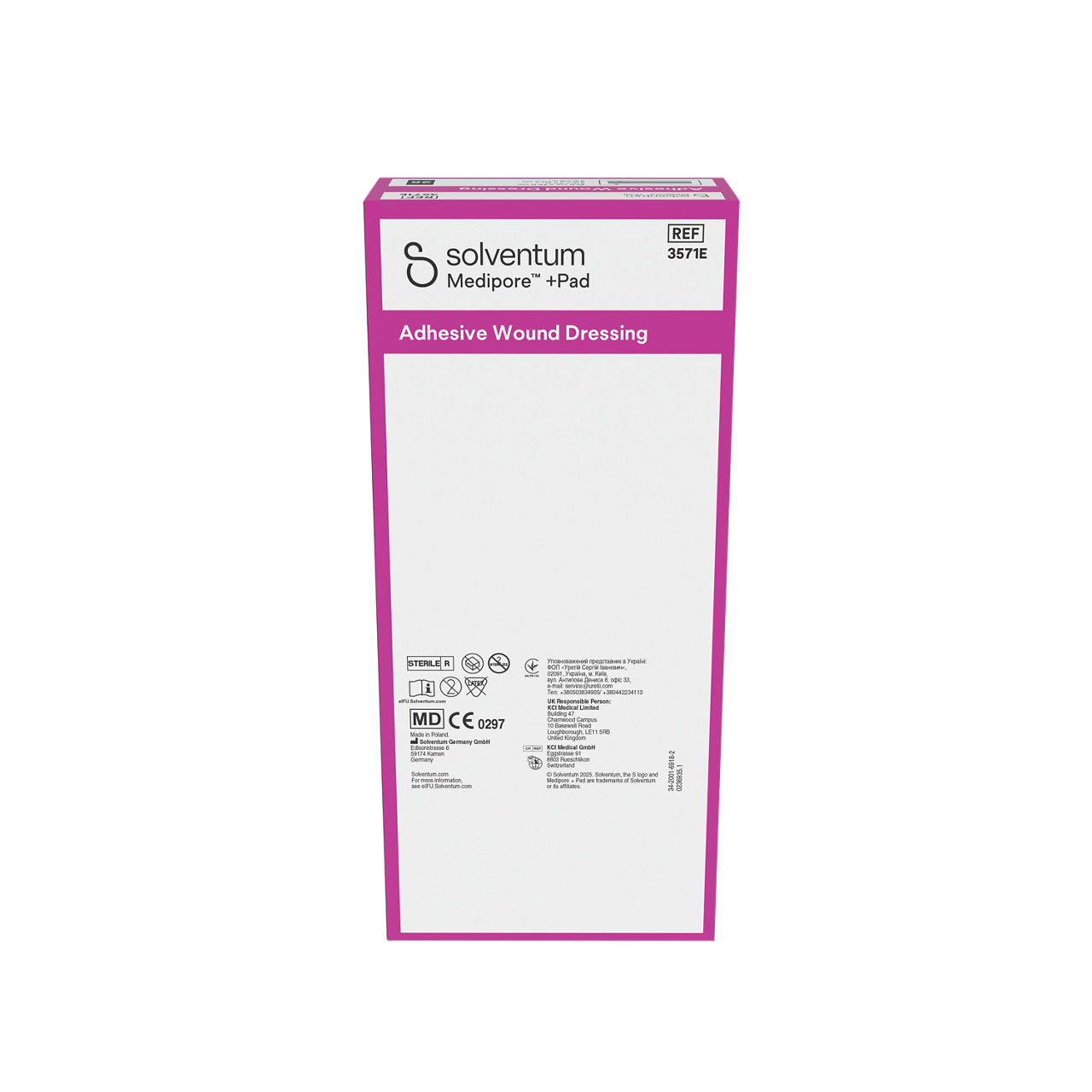 Solventum™ Medipore™ +Pad Adhesive Wound Dressing, 3571E, 10 x 25 cm (4 x 9¾ in), Pad - 5 x 20,5 cm (2 x 8 in), 25/CAR - Back, Center, In Packaging (7C1)