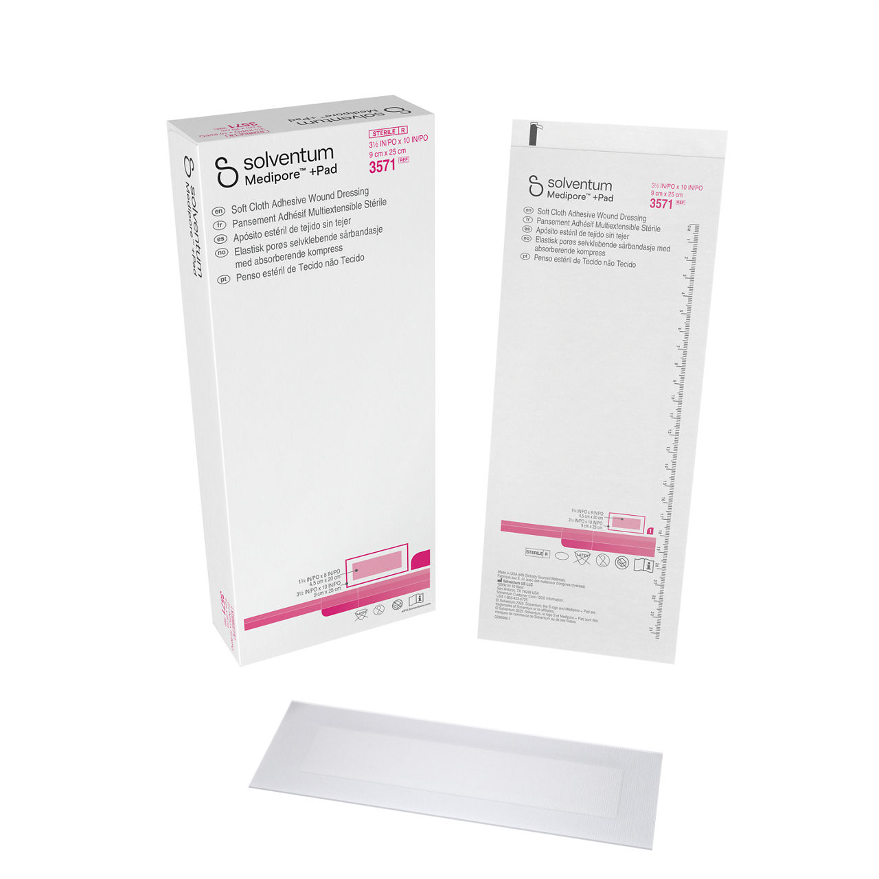 Solventum™ Medipore™+Pad Adhesive Wound Dressing, 3571, 9 cm x 25 cm,25/CAR, 4 CAR/CS