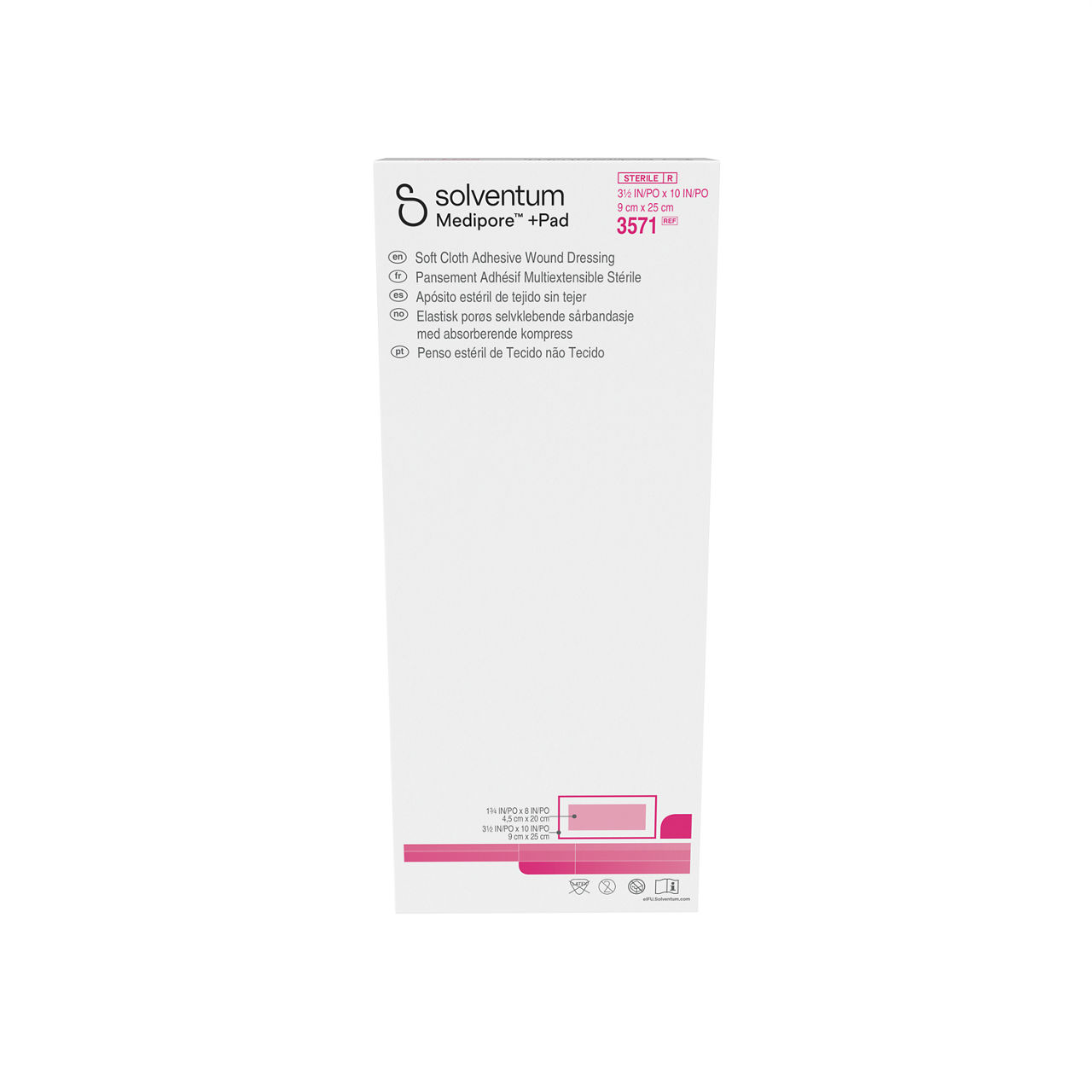 Solventum™ Medipore™ +Pad Adhesive Wound Dressing, 3571, 9 cm x 25 cm, 25/CAR, 4 CAR/CS - Front, Center, In Packaging (1C1)