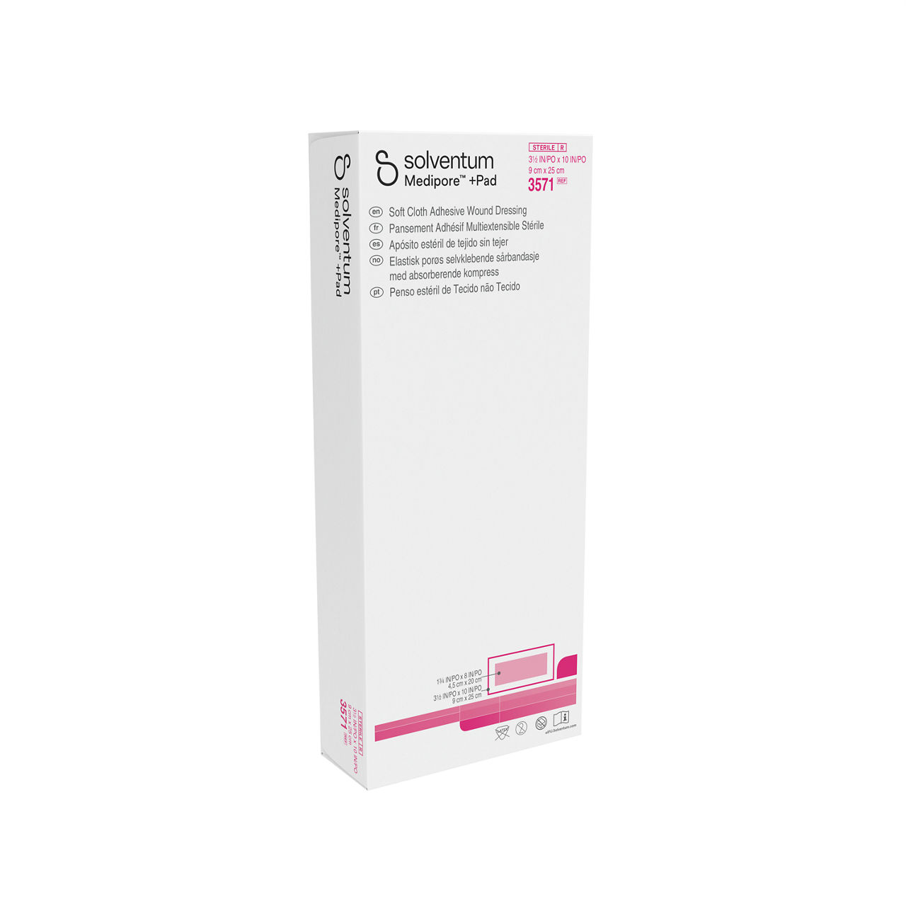 Solventum™ Medipore™ +Pad Adhesive Wound Dressing, 3571, 9 cm x 25 cm, 25/CAR, 4 CAR/CS - Front, Left, In Packaging (1L1)