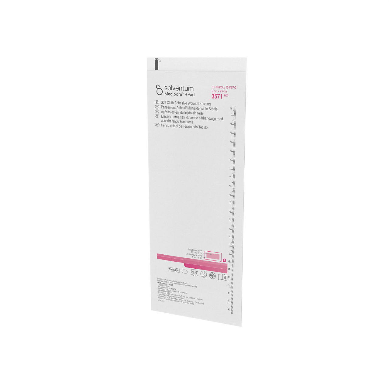 Solventum™ Medipore™ +Pad Adhesive Wound Dressing, 3571, 9 cm x 25 cm, 25/CAR, 4 CAR/CS - Front, Right, Out of Packaging (1R0)