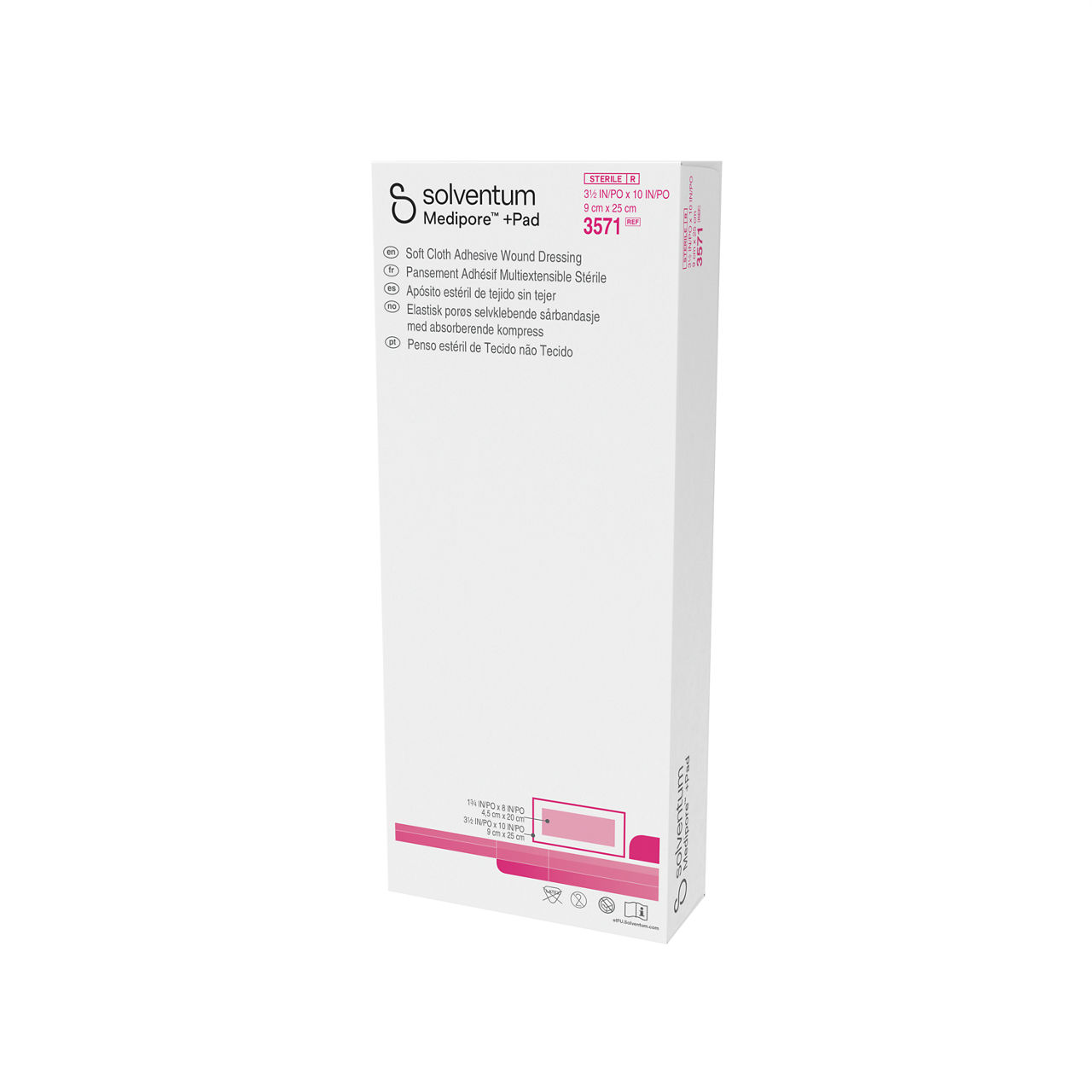 Solventum™ Medipore™ +Pad Adhesive Wound Dressing, 3571, 9 cm x 25 cm, 25/CAR, 4 CAR/CS - Front, Right, In Packaging (1R1)
