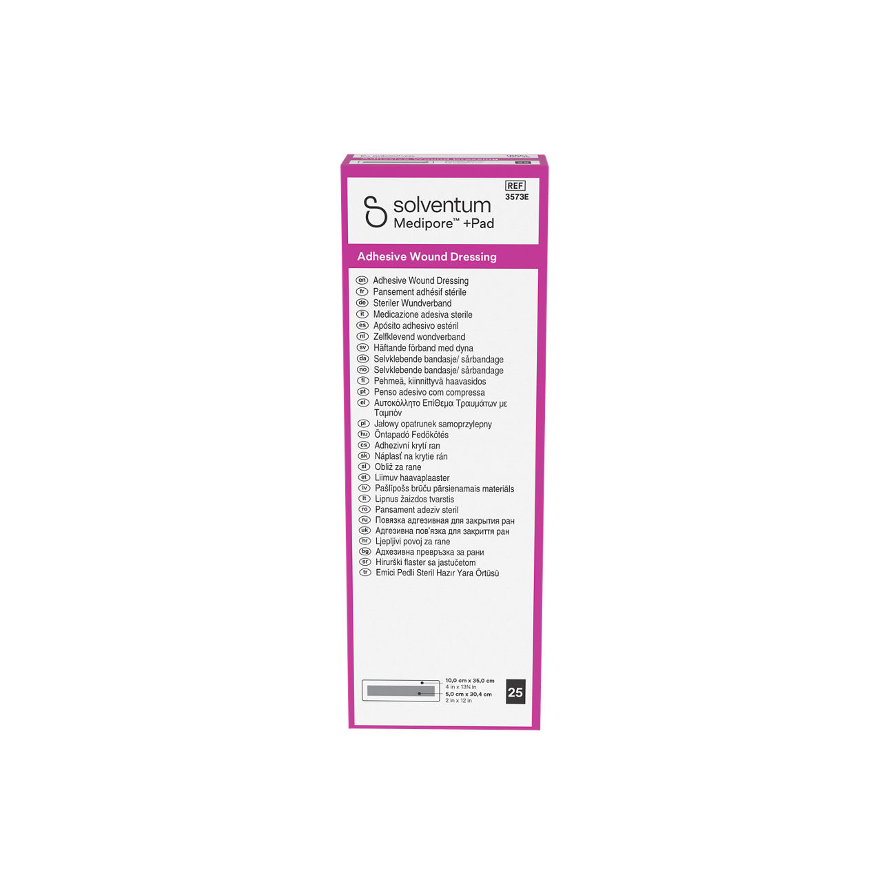 Solventum™ Medipore™ +Pad Adhesive Wound Dressing, 3573E, 10 x 35 cm (4 x 13¾ in), Pad - 5 x 30,4 cm (2 x 12 in), 25/CAR - Front, Center, In Packaging (1C1)