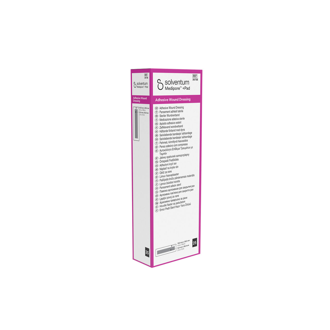 Solventum™ Medipore™ +Pad Adhesive Wound Dressing, 3573E, 10 x 35 cm (4 x 13¾ in), Pad - 5 x 30,4 cm (2 x 12 in), 25/CAR - Front, Left, In Packaging (1L1)