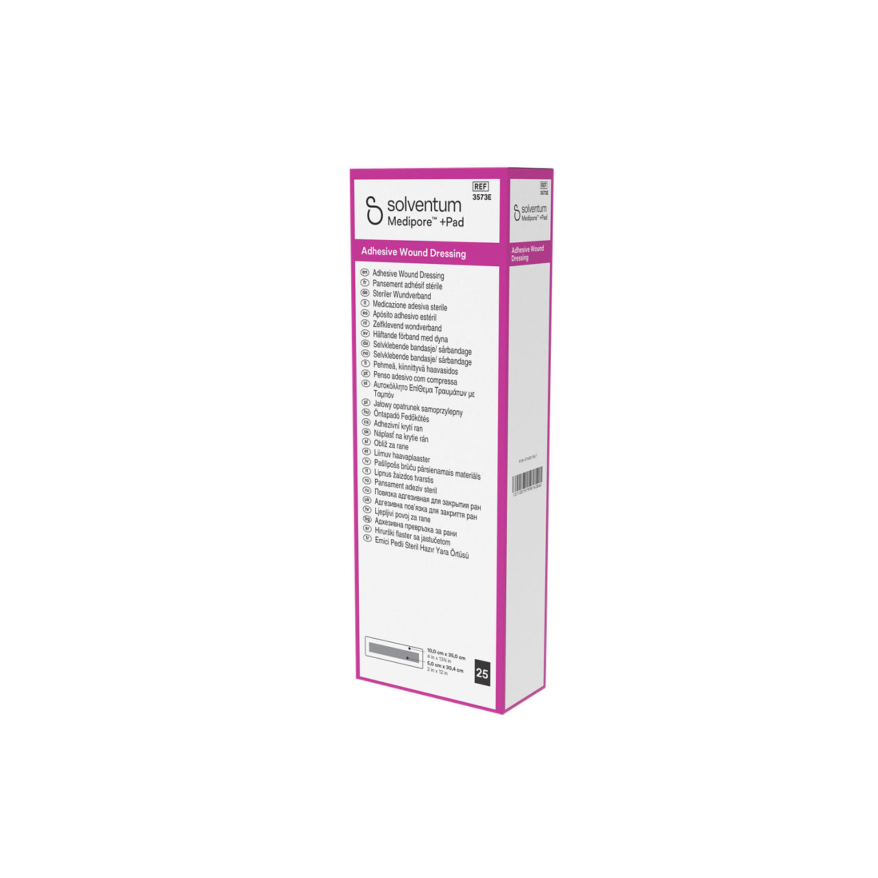 Solventum™ Medipore™ +Pad Adhesive Wound Dressing, 3573E, 10 x 35 cm (4 x 13¾ in), Pad - 5 x 30,4 cm (2 x 12 in), 25/CAR - Front, Right, In Packaging (1R1)