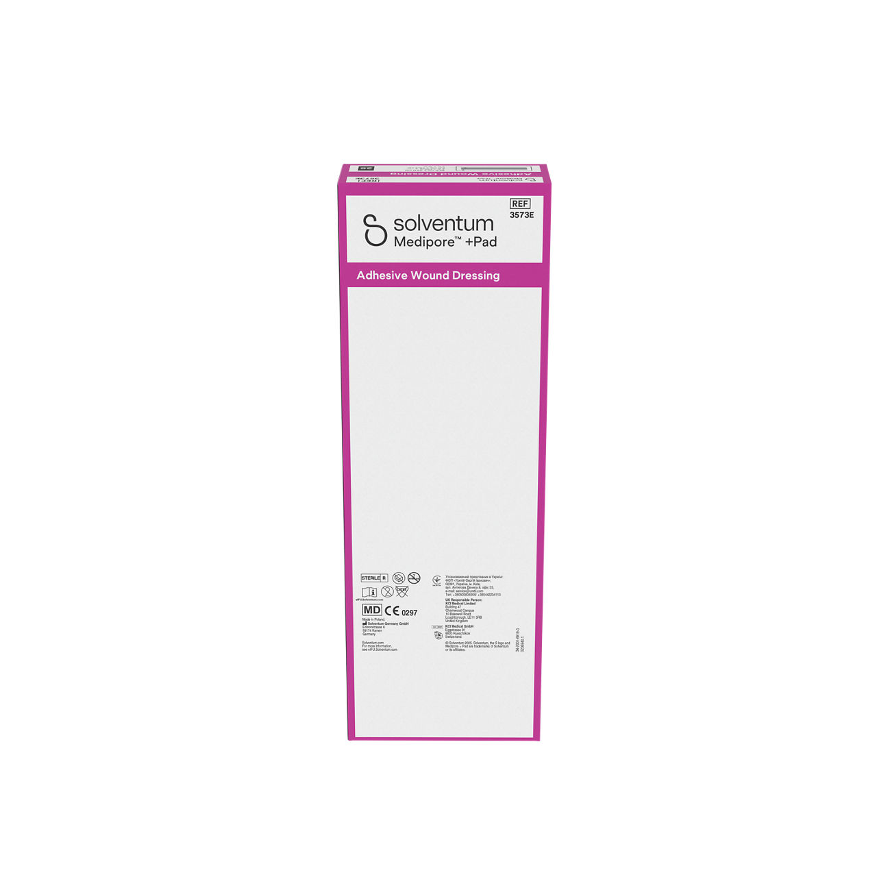 Solventum™ Medipore™ +Pad Adhesive Wound Dressing, 3573E, 10 x 35 cm (4 x 13¾ in), Pad - 5 x 30,4 cm (2 x 12 in), 25/CAR - Back, Center, In Packaging (7C1)