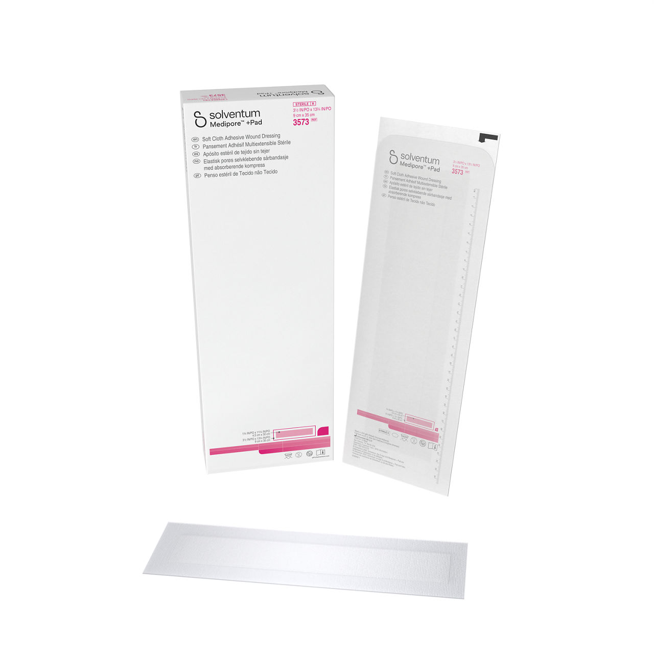 Solventum™ Medipore™+Pad Adhesive Wound Dressing, 3573, Dressing - 31/2in x 13 3/4 in, Pad - 1 3/4 in x 11 3/4 in - Front, Center, In and Out of Packaging (1C10)