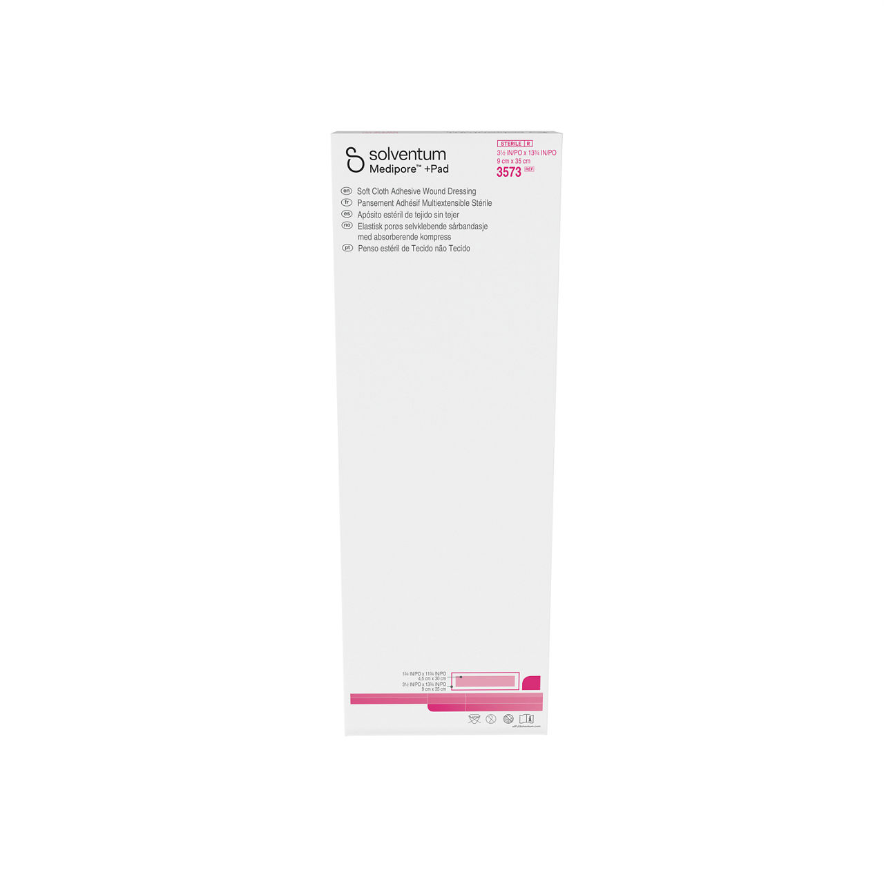 Solventum™ Medipore™+Pad Adhesive Wound Dressing, 3573, Dressing - 31/2in x 13 3/4 in, Pad - 1 3/4 in x 11 3/4 in - Front, Center, In Packaging (1C1)
