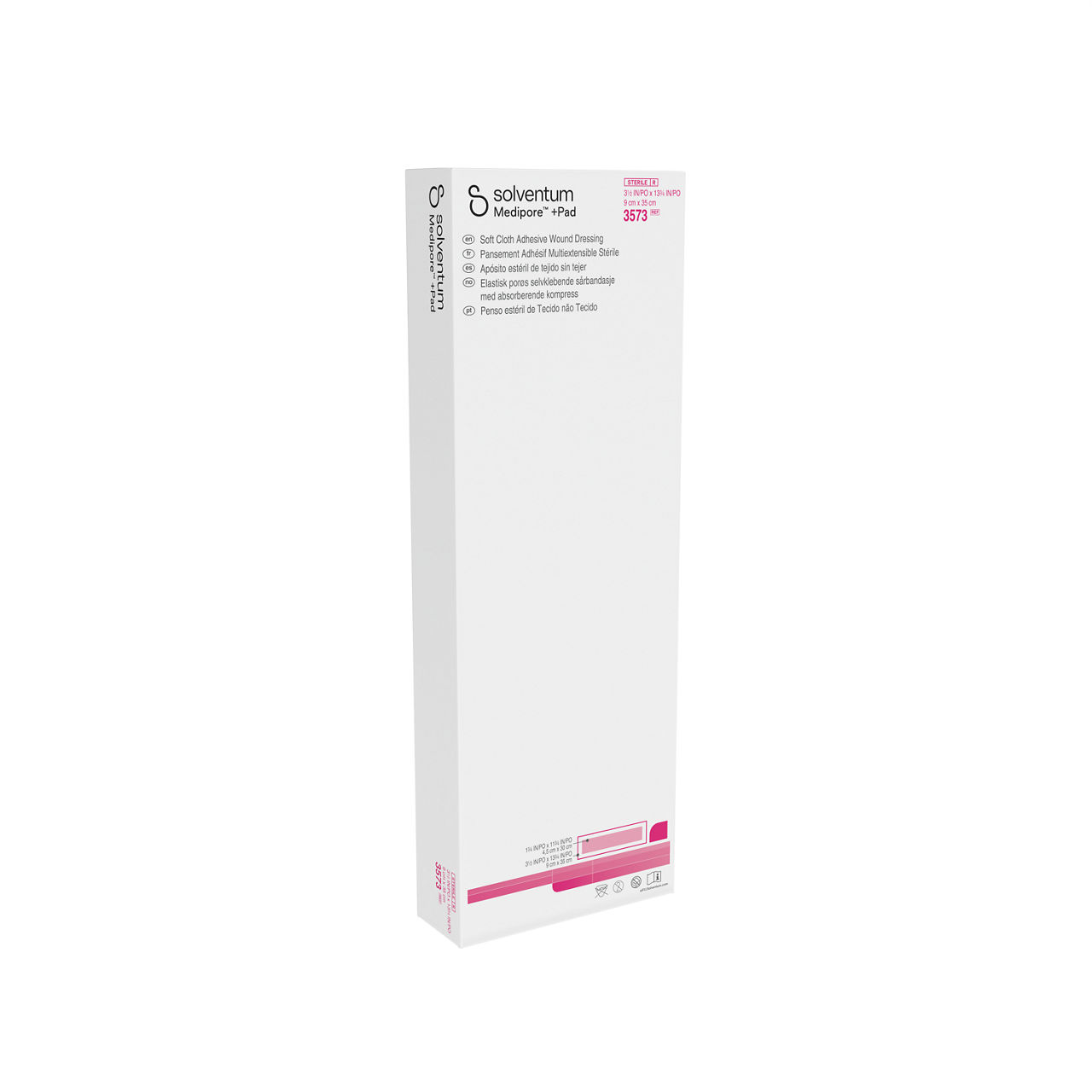 Solventum™ Medipore™+Pad Adhesive Wound Dressing, 3573, Dressing - 31/2in x 13 3/4 in, Pad - 1 3/4 in x 11 3/4 in - Front, Left, In Packaging (1L1)