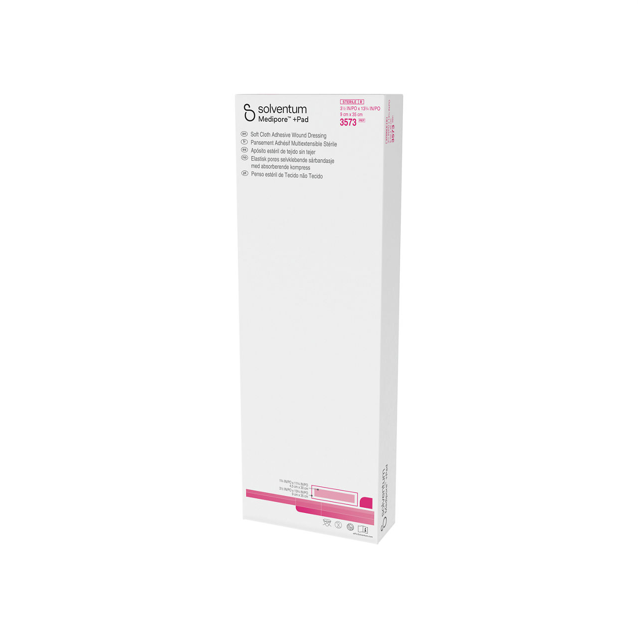 Solventum™ Medipore™+Pad Adhesive Wound Dressing, 3573, Dressing - 31/2in x 13 3/4 in, Pad - 1 3/4 in x 11 3/4 in - Front, Right, In Packaging (1R1)