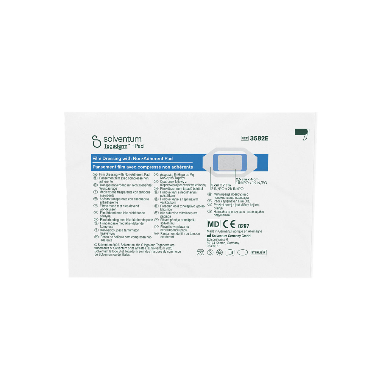 Solventum™ Tegaderm™ +Pad Penso de película com compressa não aderente, 3582E, 5 x 7 cm (2 x 2¾ in), Pad - 2,5 x 4 cm, 50/CAR