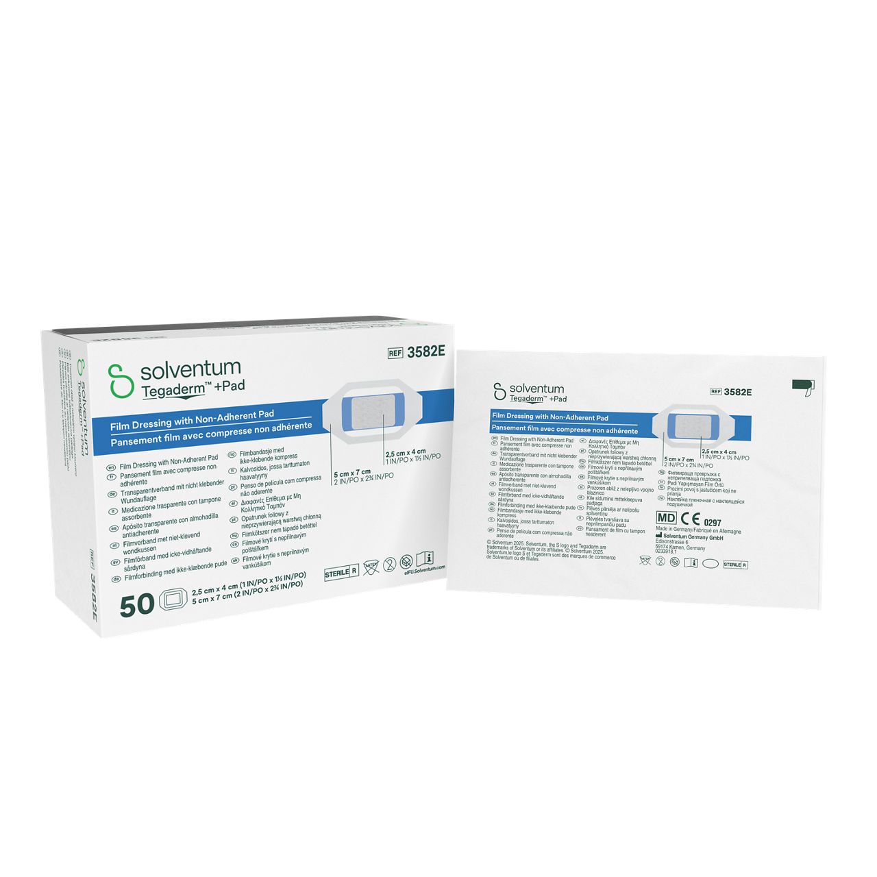 Solventum™ Tegaderm™ +Pad Film Dressing with Non-Adherent Pad, 3582E, 5 x 7 cm (2 x 2¾ in), Pad - 2,5 x 4 cm, 50/CAR - Front, Center, In and Out of Packaging (1C10)