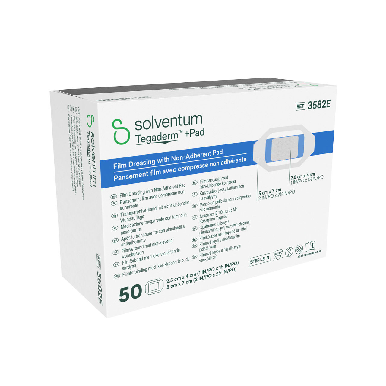 Solventum™ Tegaderm™ + Pad Film Dressing with Non-adherent Pad, 3582E, Dressing - 2 in x 2 3/4 in, Pad - 1 in x 1 1/2 in - Front, Left, In Packaging (1L1)