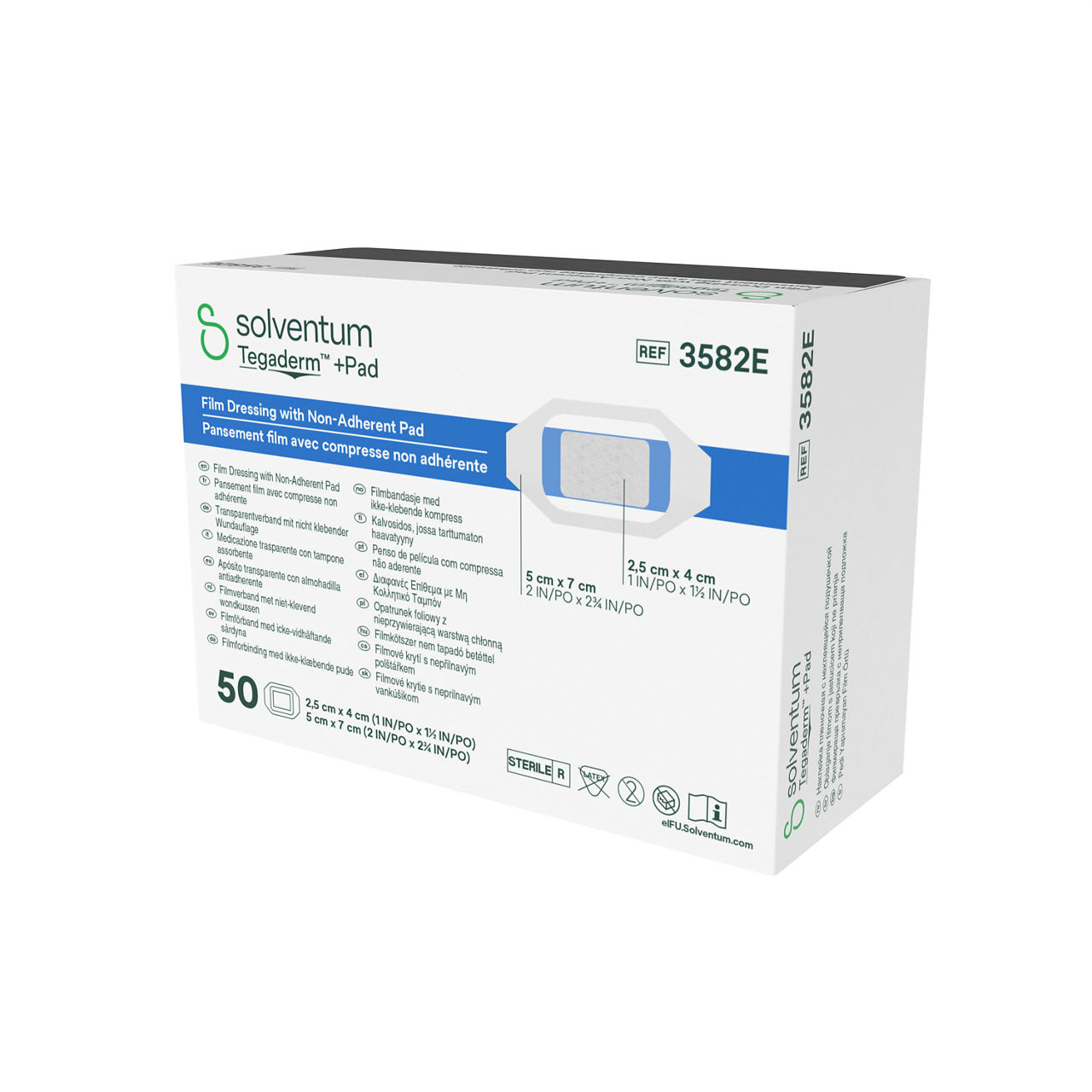 Solventum™ Tegaderm™ + Pad Film Dressing with Non-adherent Pad, 3582E, Dressing - 2 in x 2 3/4 in, Pad - 1 in x 1 1/2 in - Front, Right, In Packaging (1R1)