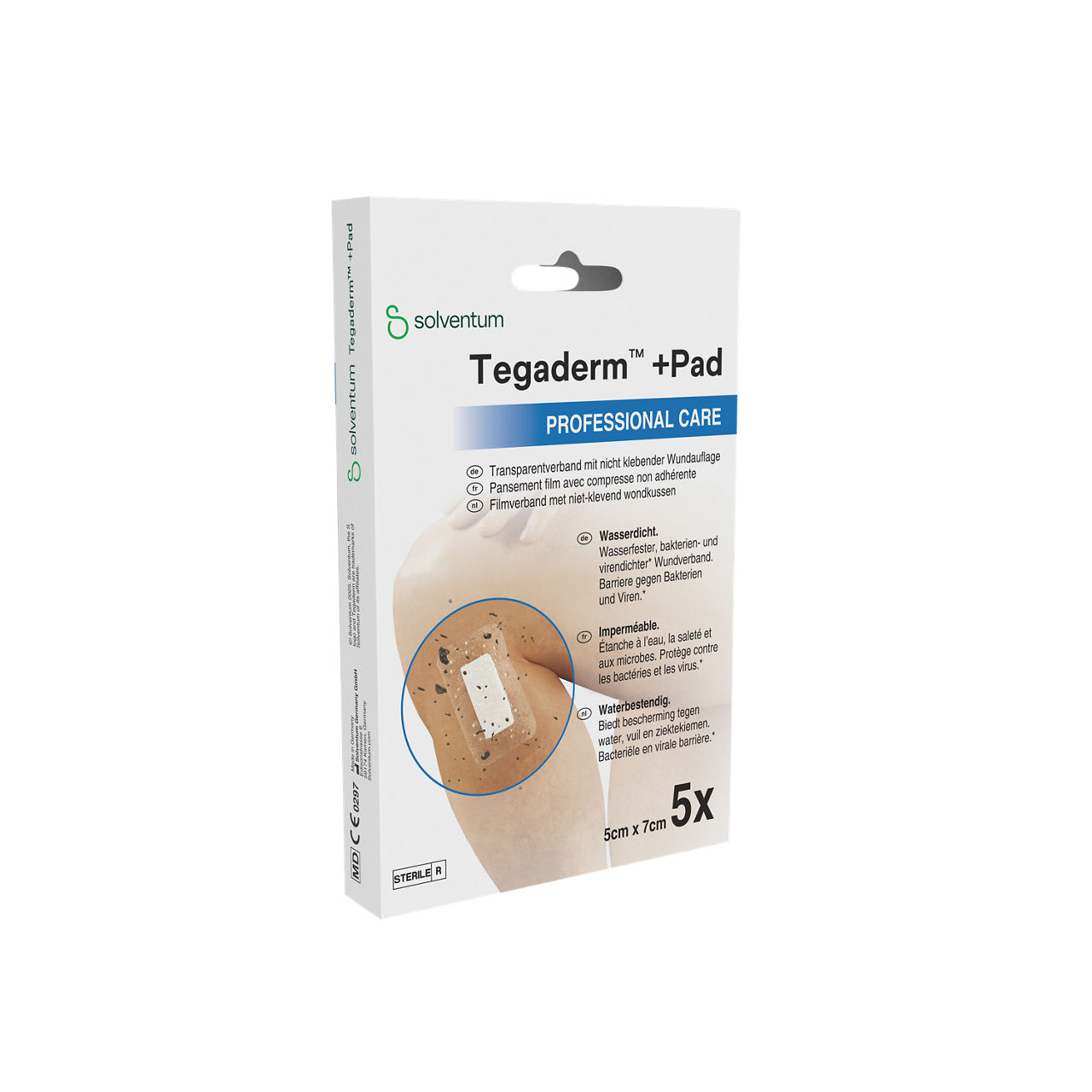Solventum™ Tegaderm™ +Pad Film Dressing with Non-Adherent Pad, 3582P, 5 cm x 7 cm, 5 BAG/CAR, 6 CAR/CS - Front, Left, In Packaging (1L1)