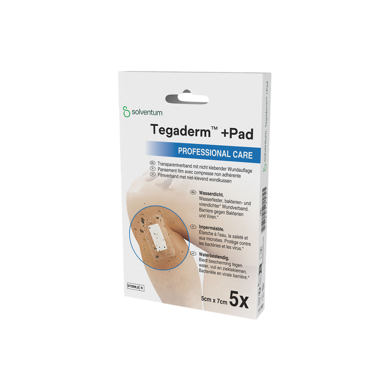 Solventum™ Tegaderm™ +Pad Film Dressing with Non-Adherent Pad, 3582P, 5 cm x 7 cm, 5 BAG/CAR, 6 CAR/CS - Front, Right, In Packaging (1R1)