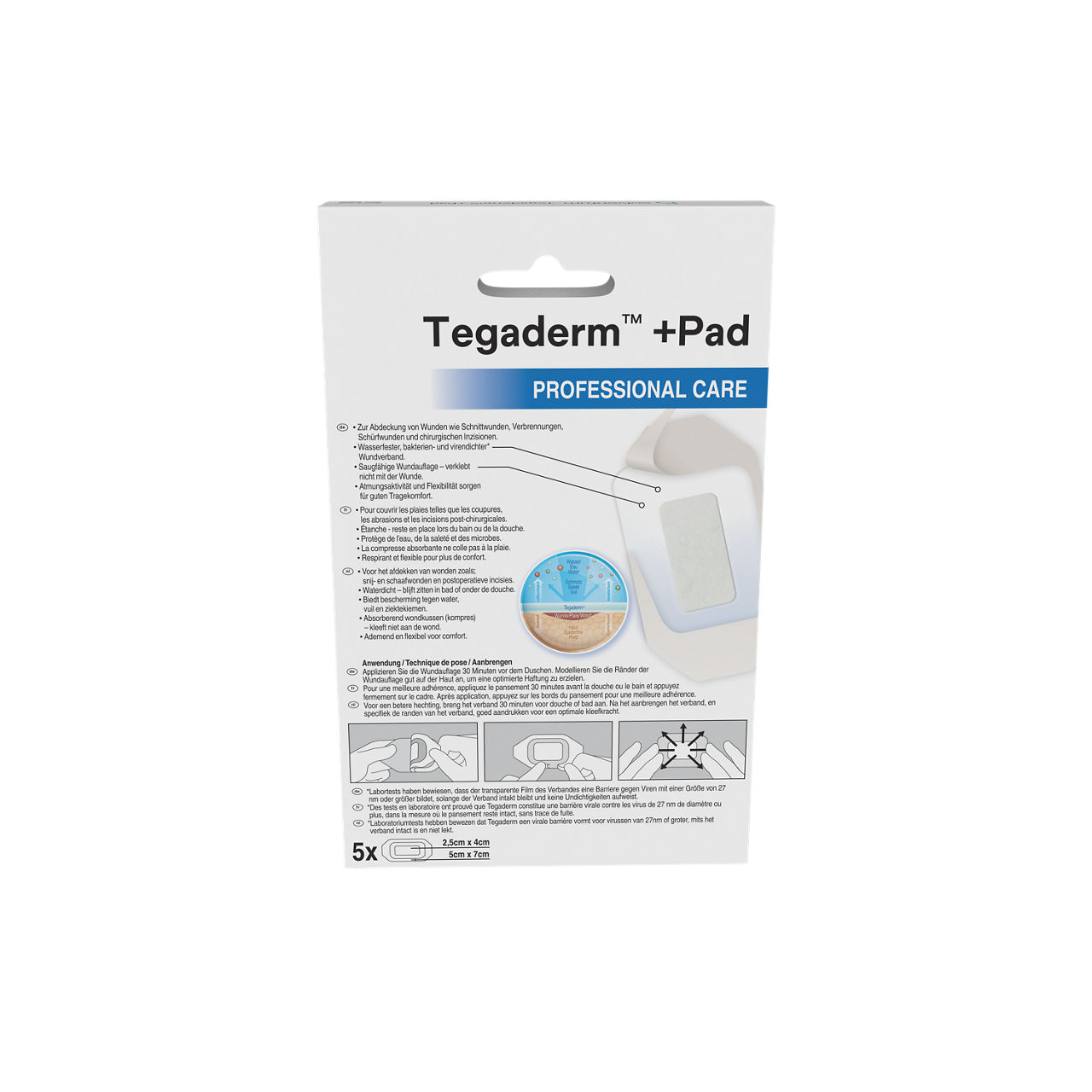 Solventum™ Tegaderm™ +Pad Film Dressing with Non-Adherent Pad, 3582P, 5 cm x 7 cm, 5 BAG/CAR, 6 CAR/CS - Back, Center, In Packaging (7C1)