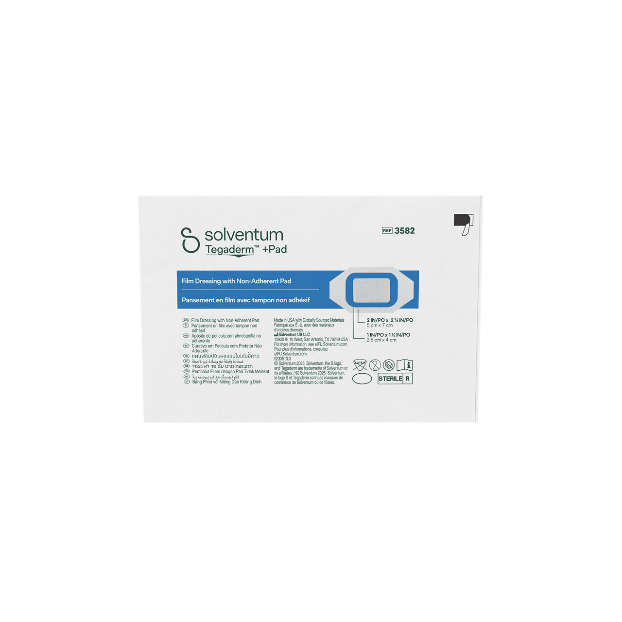 Solventum™ Tegaderm™ +Pad Film Dressing with Non-Adherent Pad, 3582, 2 in x 2 3/4 in (5 cm x 7 cm), 50/CAR, 4 CAR/CS - Front, Center, Out of Packaging (1C0)